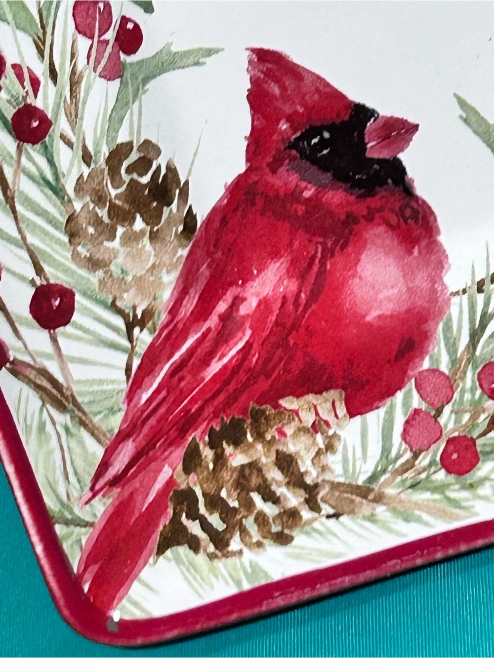 North Pole Trading Co Holly Berry Cardinal Ceramic Serving Platter Tray 14x8 NEW